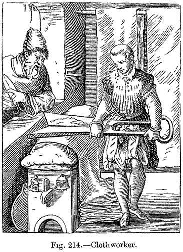 Sixteenth-century facsimile of a wood engraving of a medieval clothworker, published in 'Manners, Custom and Dress During the Middle Ages and During the Renaissance Period' by Paul Lacroix, 1847